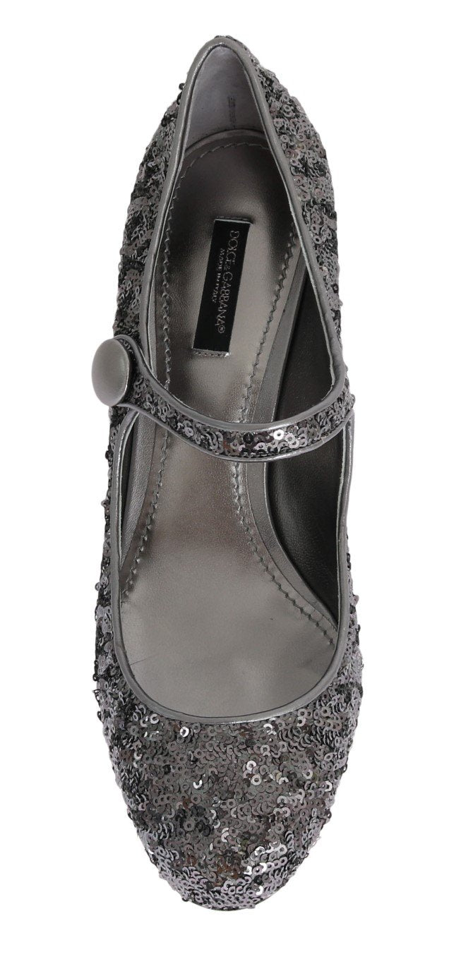 Silver Sequined Mary Janes Leather Shoes