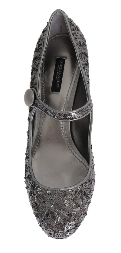 Silver Sequined Mary Janes Leather Shoes