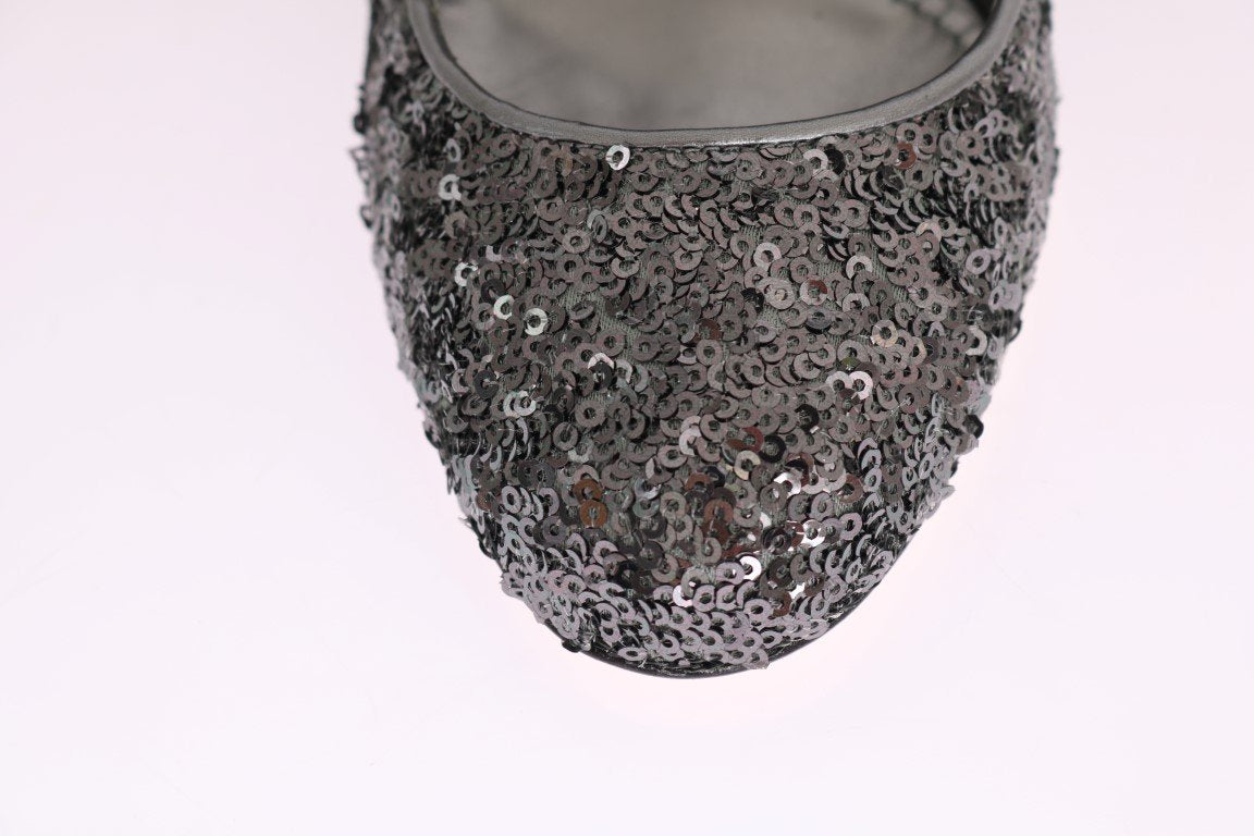Silver Sequined Mary Janes Leather Shoes