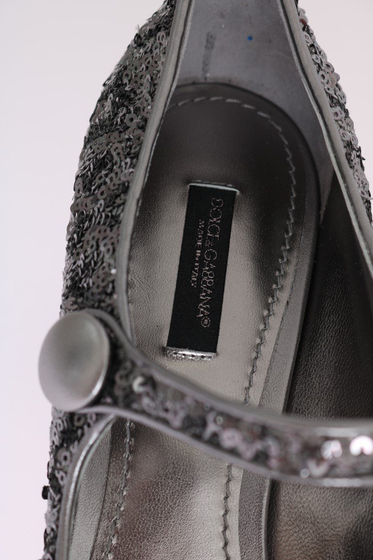 Silver Sequined Mary Janes Leather Shoes