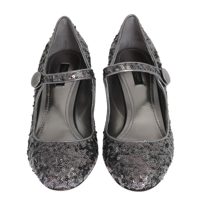 Silver Sequined Mary Janes Leather Shoes