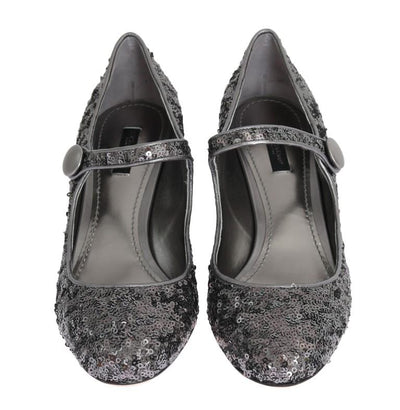 Silver Sequined Mary Janes Leather Shoes