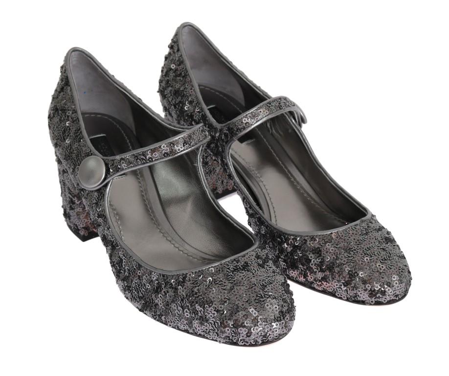 Silver Sequined Mary Janes Leather Shoes