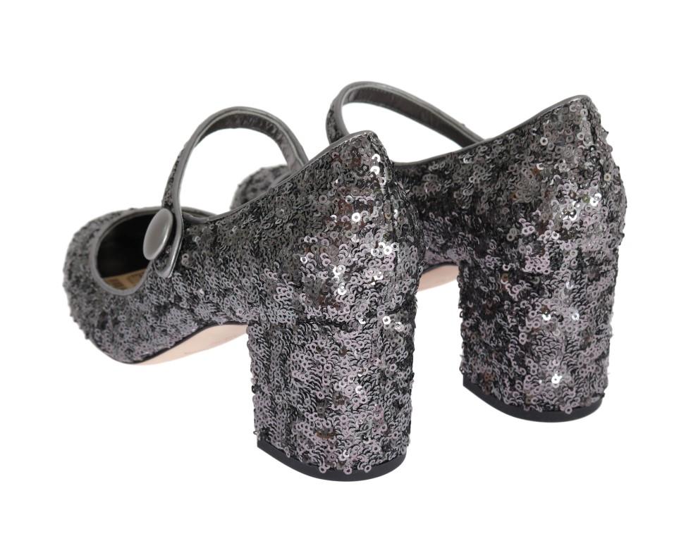 Silver Sequined Mary Janes Leather Shoes