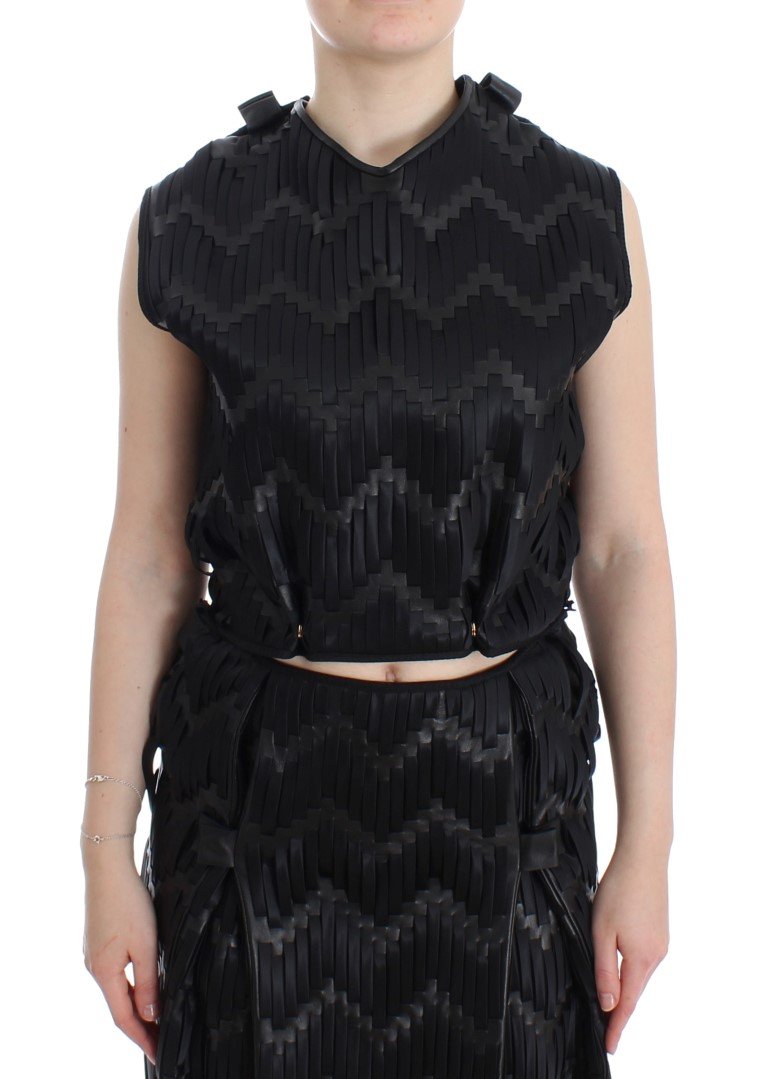 Black Checkered Nappa Leather Top Blouse