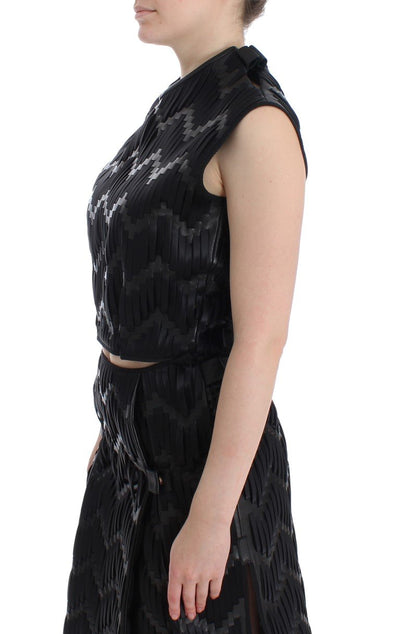 Black Checkered Nappa Leather Top Blouse