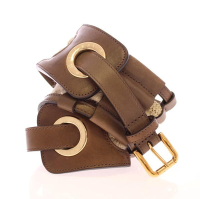 Brown Leather Logo Straw Belt