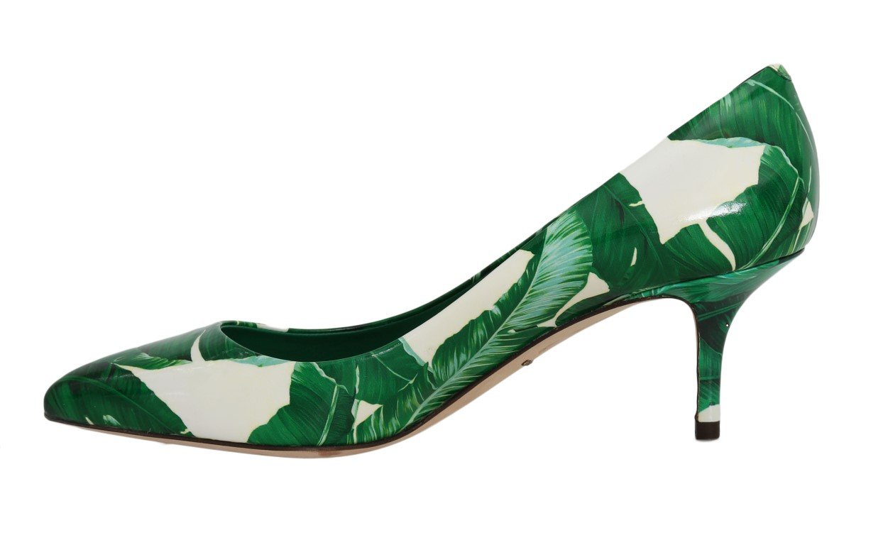 Green Banana Leafs Leather Pumps