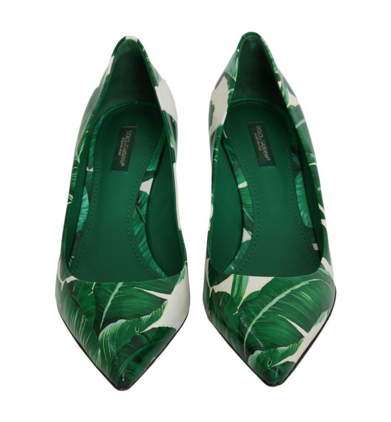 Green Banana Leafs Leather Pumps