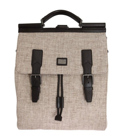 Beige Linen Cotton Brown Leather Backpack