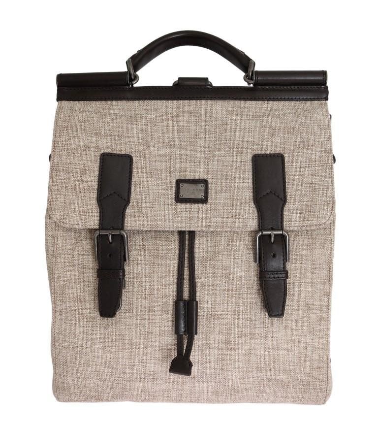 Beige Linen Cotton Brown Leather Backpack