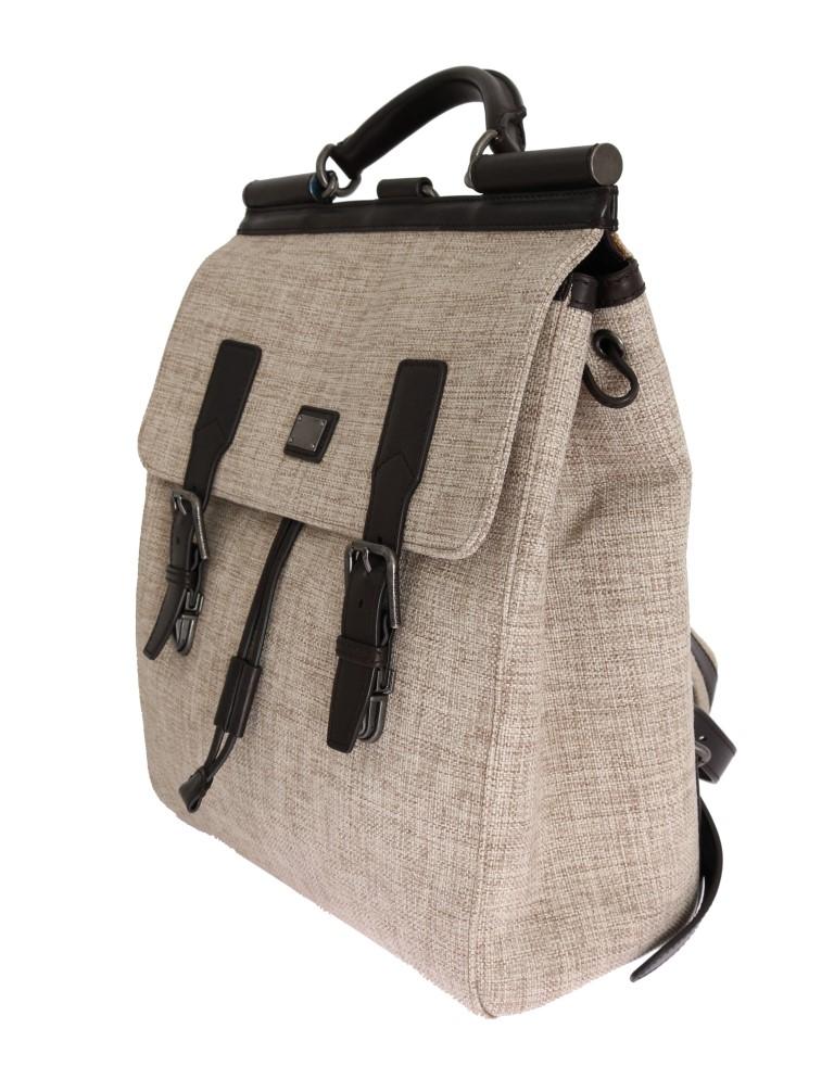 Beige Linen Cotton Brown Leather Backpack
