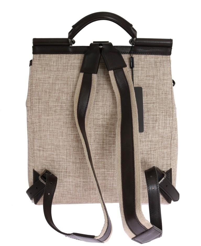 Beige Linen Cotton Brown Leather Backpack