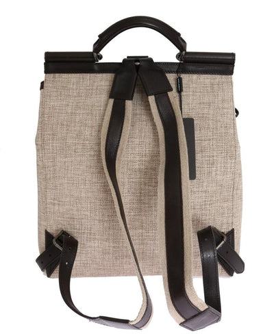 Beige Linen Cotton Brown Leather Backpack