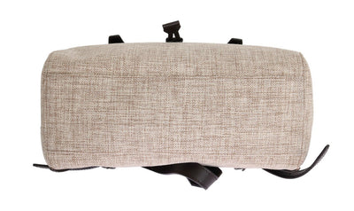Beige Linen Cotton Brown Leather Backpack