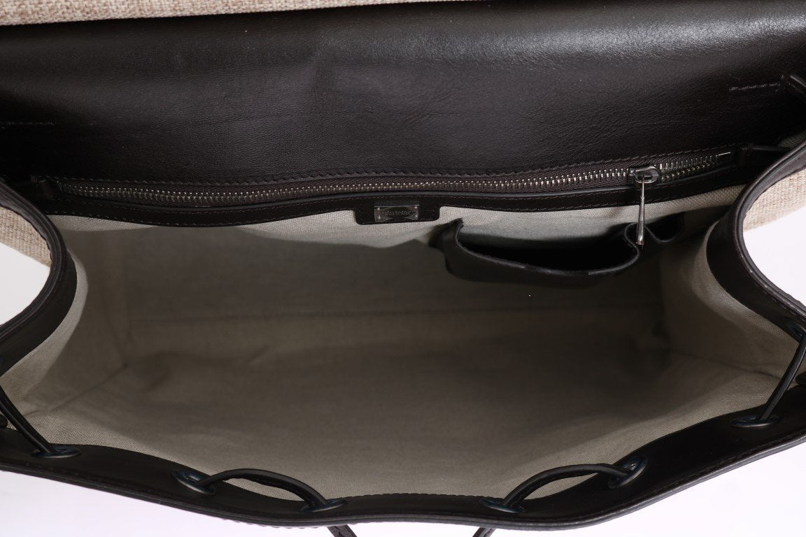 Beige Linen Cotton Brown Leather Backpack