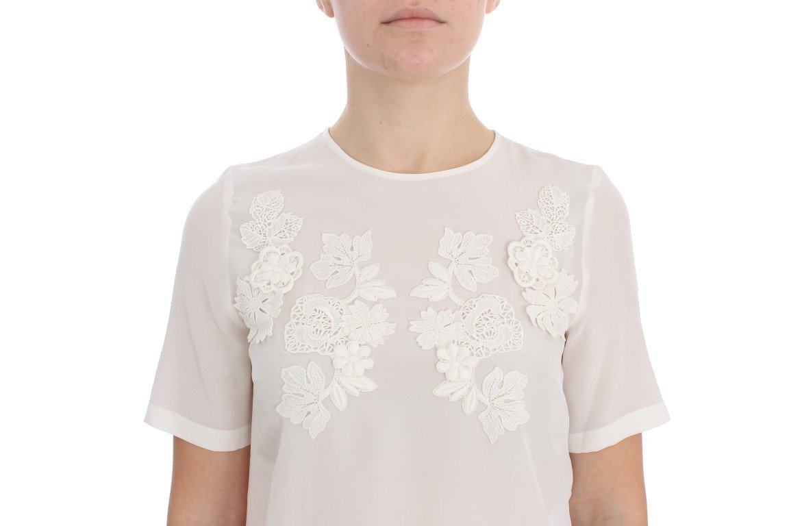 White Silk Floral Lace Blouse Top