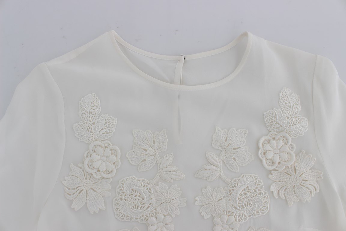 White Silk Floral Lace Blouse Top