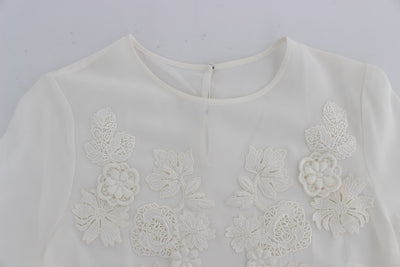 White Silk Floral Lace Blouse Top