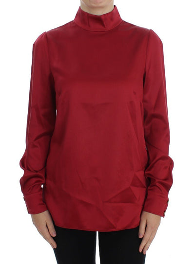 Red Silk Stretch Blouse Turtleneck Top