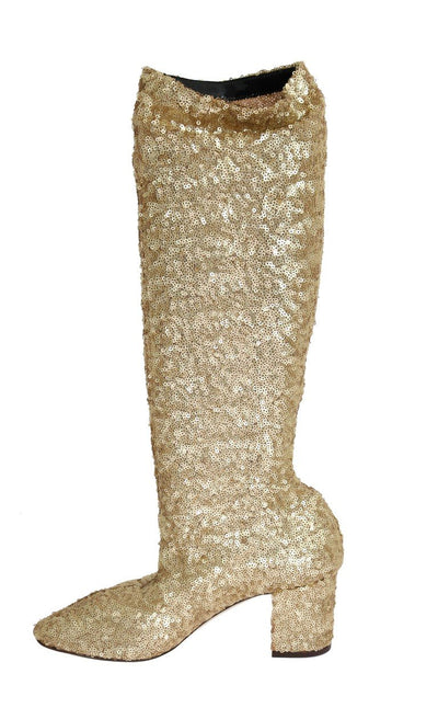 Gold Sequined Leather Stretch Boots
