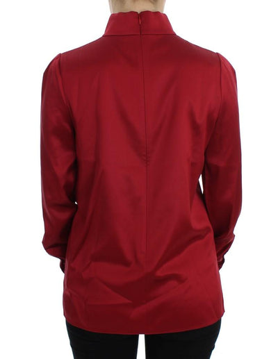Red Silk Stretch Blouse Turtleneck Top