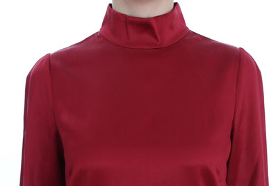 Red Silk Stretch Blouse Turtleneck Top