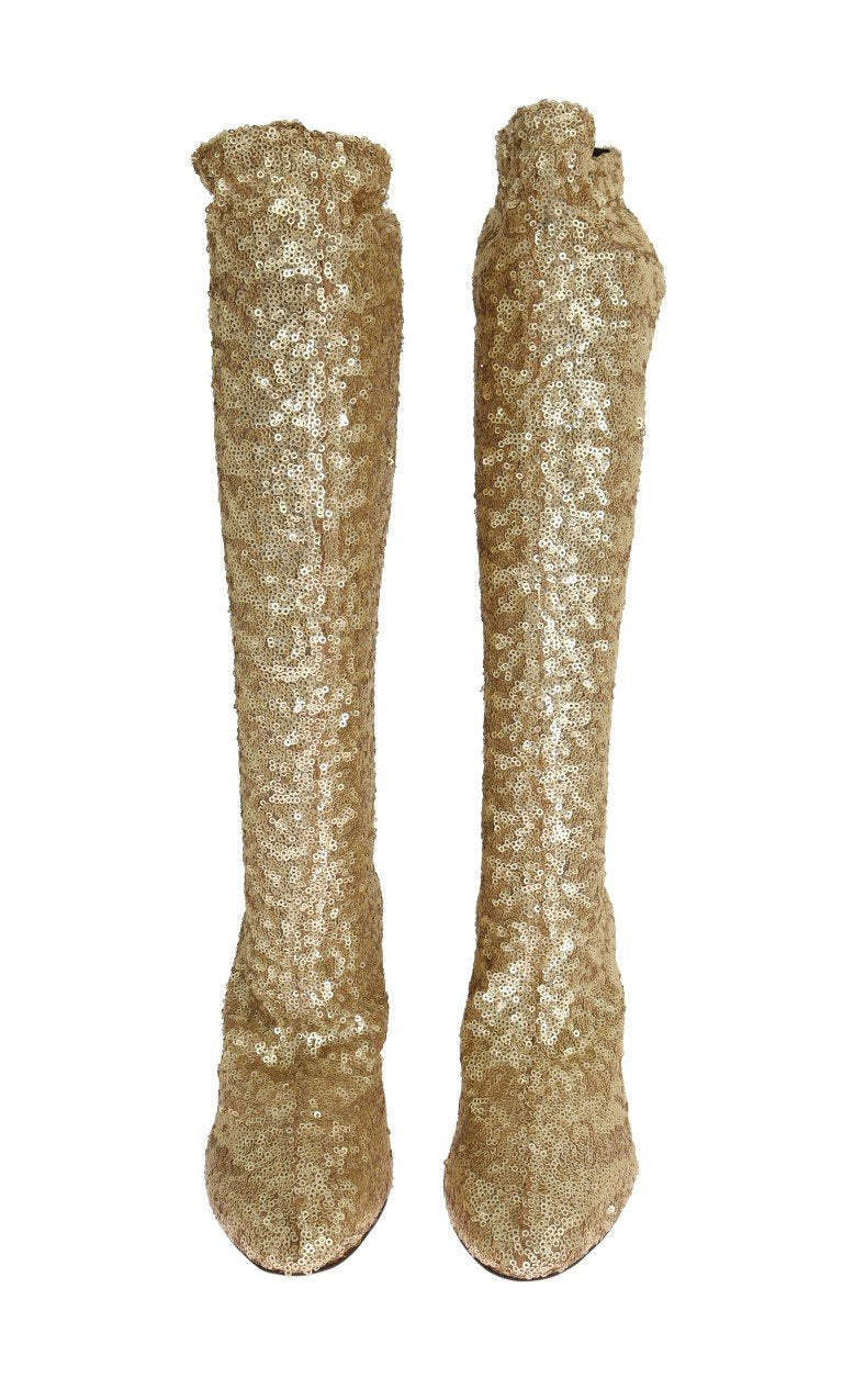 Gold Sequined Leather Stretch Boots