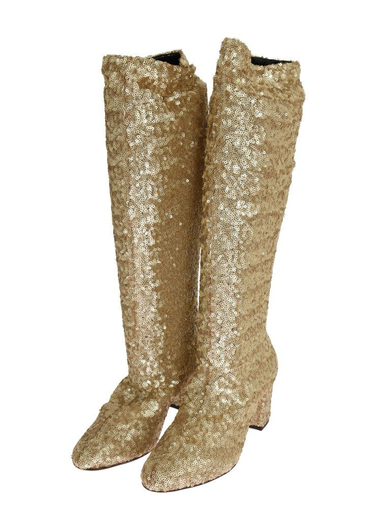 Gold Sequined Leather Stretch Boots