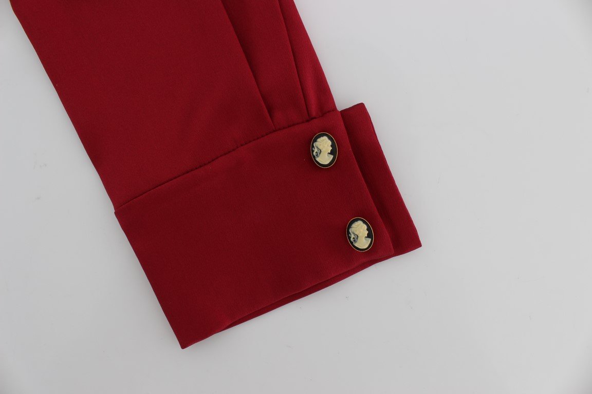 Red Silk Stretch Blouse Turtleneck Top