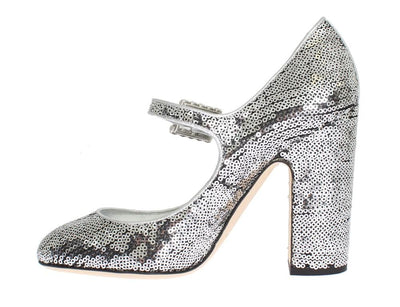 Silver Leather Sequined Mary Janes Shoes