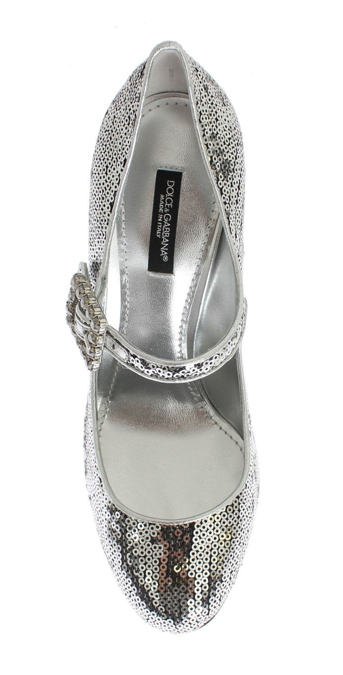 Silver Leather Sequined Mary Janes Shoes