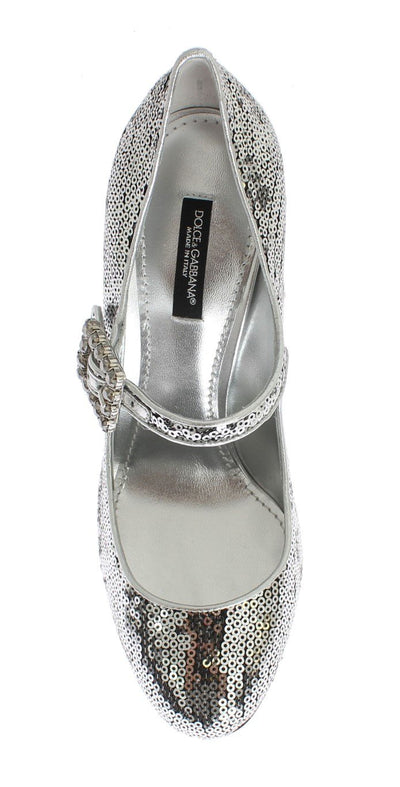 Silver Leather Sequined Mary Janes Shoes