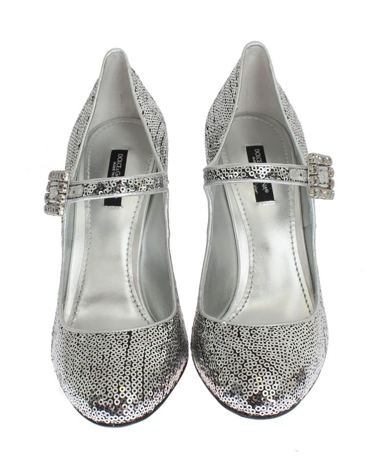 Silver Leather Sequined Mary Janes Shoes