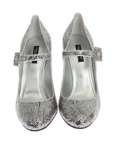 Silver Leather Sequined Mary Janes Shoes