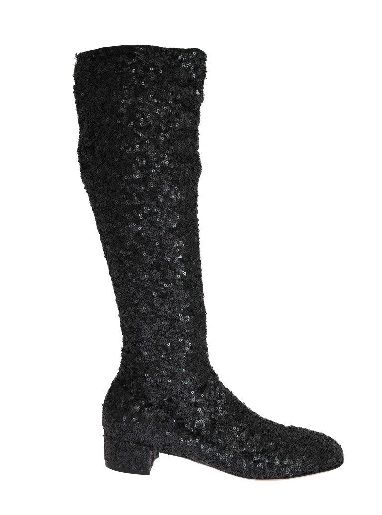 Black Sequined Leather Stretch Boots