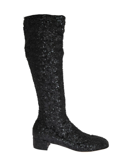 Black Sequined Leather Stretch Boots
