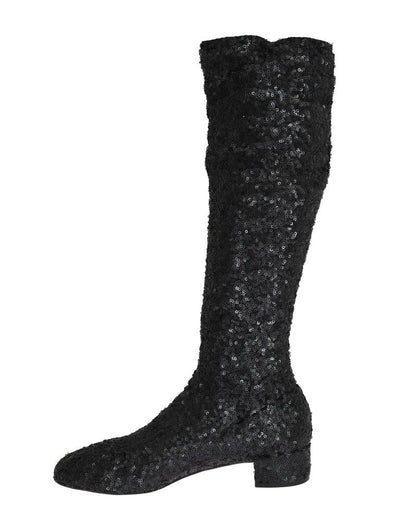 Black Sequined Leather Stretch Boots