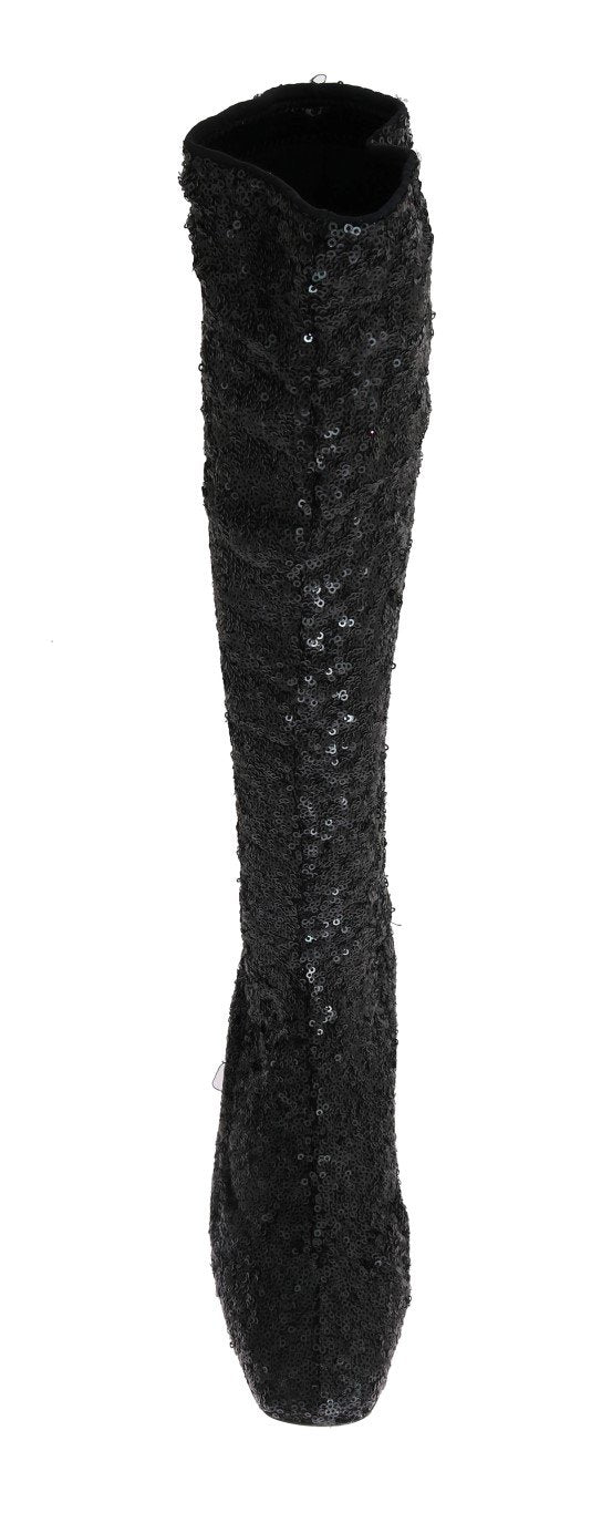 Black Sequined Leather Stretch Boots