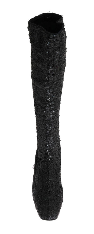 Black Sequined Leather Stretch Boots