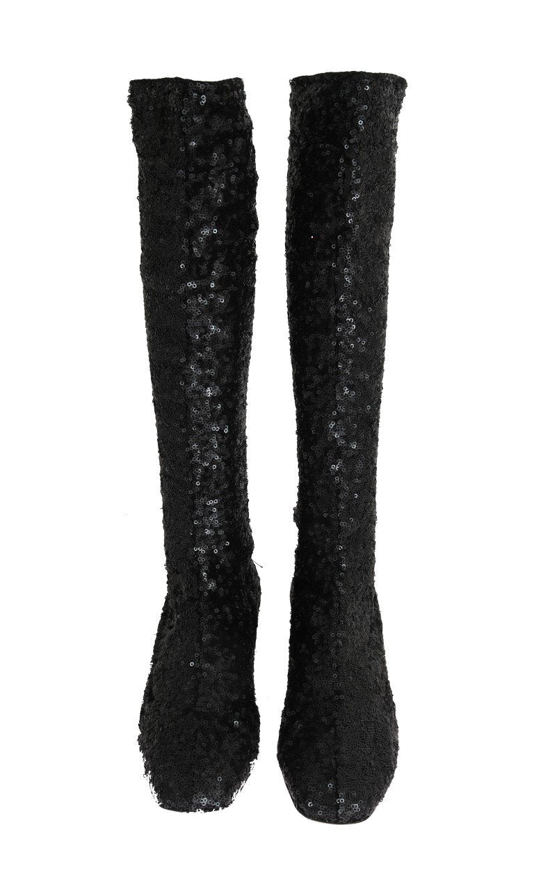 Black Sequined Leather Stretch Boots