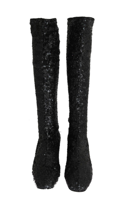 Black Sequined Leather Stretch Boots