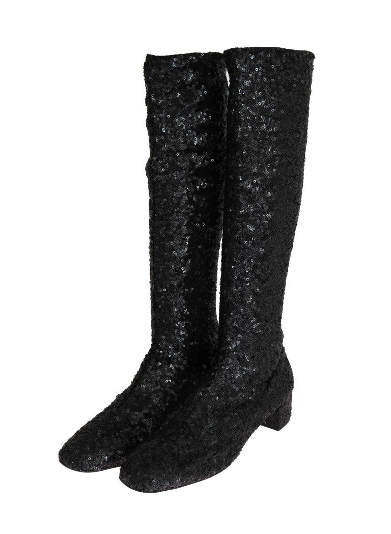 Black Sequined Leather Stretch Boots