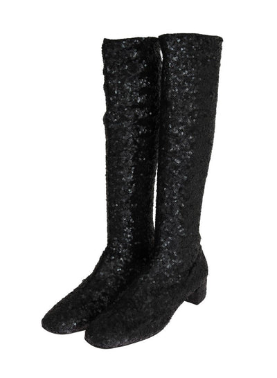 Black Sequined Leather Stretch Boots