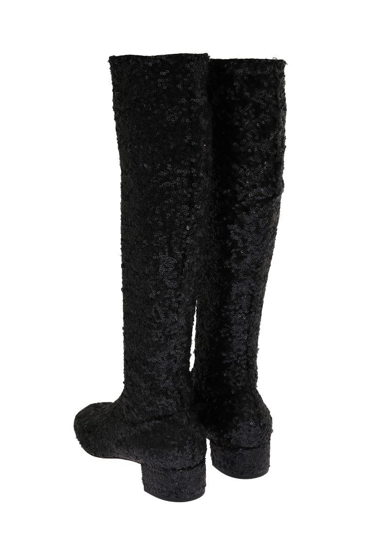 Black Sequined Leather Stretch Boots