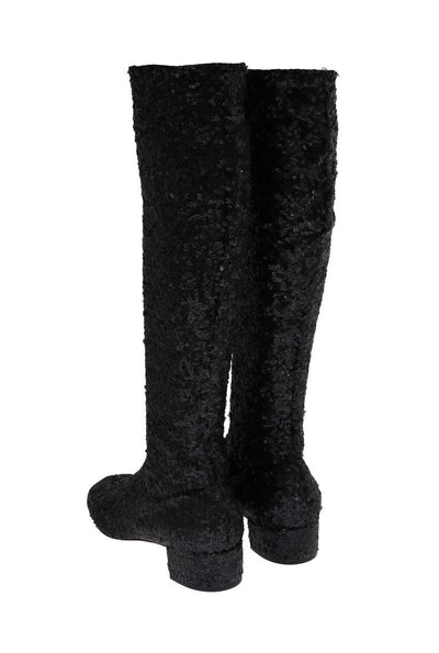 Black Sequined Leather Stretch Boots