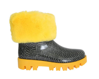 Yellow Fur Chevron Print Rubber Boots