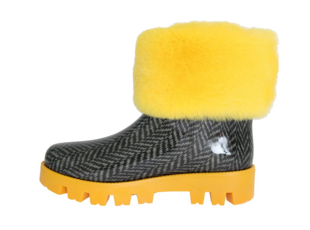 Yellow Fur Chevron Print Rubber Boots