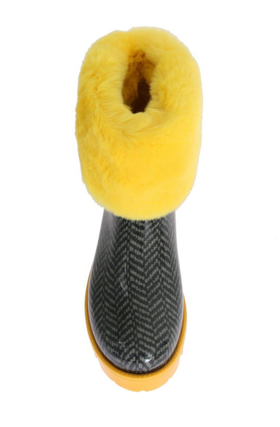 Yellow Fur Chevron Print Rubber Boots