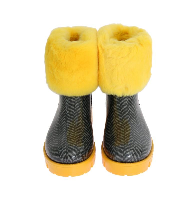 Yellow Fur Chevron Print Rubber Boots